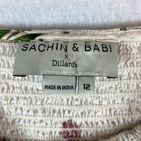 Sachin & Babi Daria Tunic Women's 12 Cream Smocked Floral Tiered Cottagecore - Picture 4 of 6